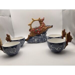 Collectible Dept 56 13381 Storybook Village Rudolph Tea Set Teapot w/ 4 Cups
